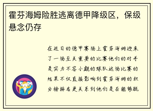 霍芬海姆险胜逃离德甲降级区，保级悬念仍存