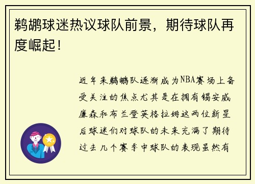 鹈鹕球迷热议球队前景，期待球队再度崛起！