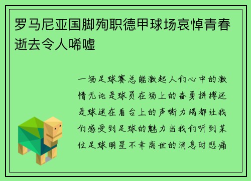 罗马尼亚国脚殉职德甲球场哀悼青春逝去令人唏嘘