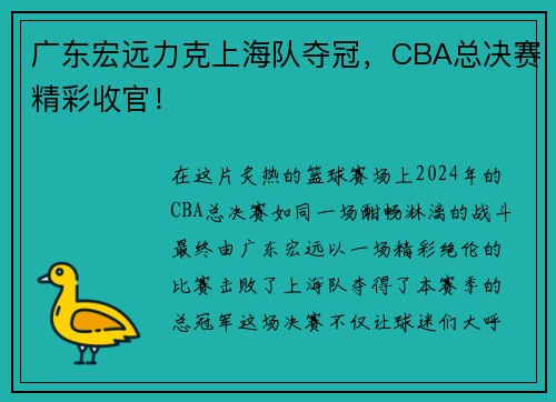 广东宏远力克上海队夺冠，CBA总决赛精彩收官！